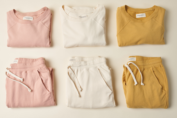 Group of folded jogger and sweatshirt sets. Colors are Pale Pink, Bone and Golden