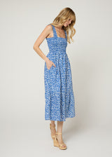 The Smocked Ruffle Tank Midi Dress - Blue Floral