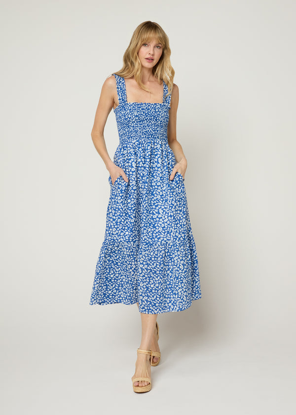 The Smocked Ruffle Tank Midi Dress - Blue Floral