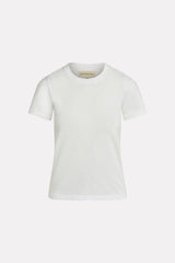 Women’s relaxed fit crew neck t-shirt with short sleeves made of organic and recycled cotton jersey and eco-friendly dyes in true white on mannequin 