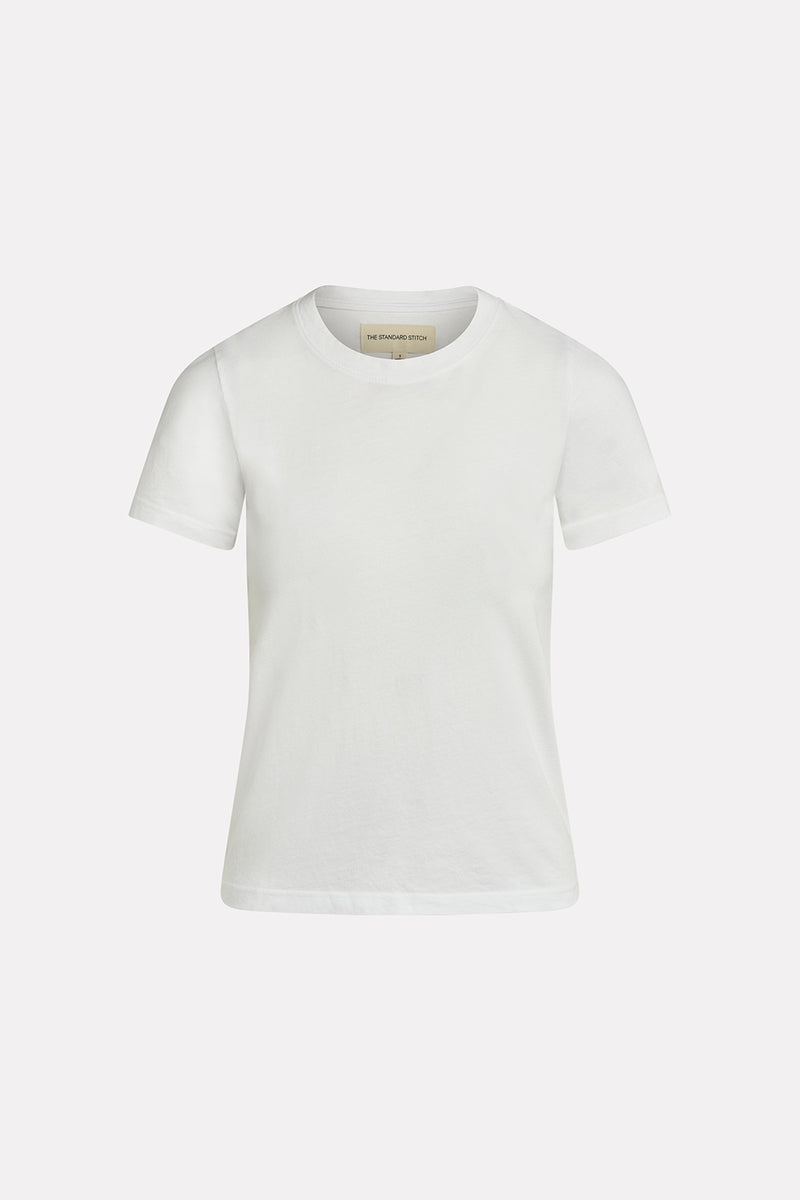 Women’s relaxed fit crew neck t-shirt with short sleeves made of organic and recycled cotton jersey and eco-friendly dyes in true white on mannequin 