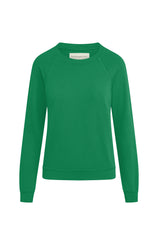 Woman’s crewneck raglan sweatshirt made of organic and recycled cotton French Terry in color Kelly Green on mannequin