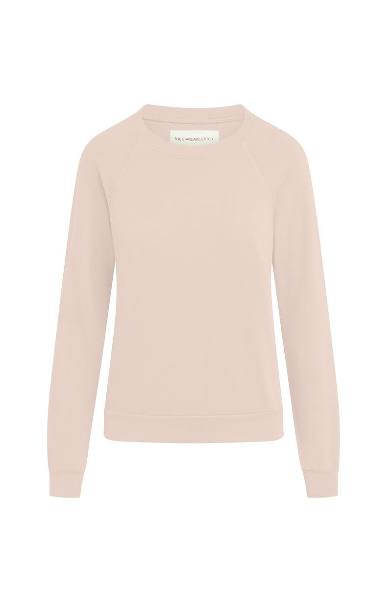 Woman’s crewneck raglan sweatshirt made of organic and recycled cotton French Terry in color Oat on mannequin