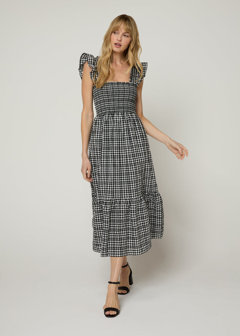 The Flounce Smocked Midi Dress - Black Checkerd The Standard Stitch The Flounce Smocked Midi Dress - Black Checkerd The Standard Stitch