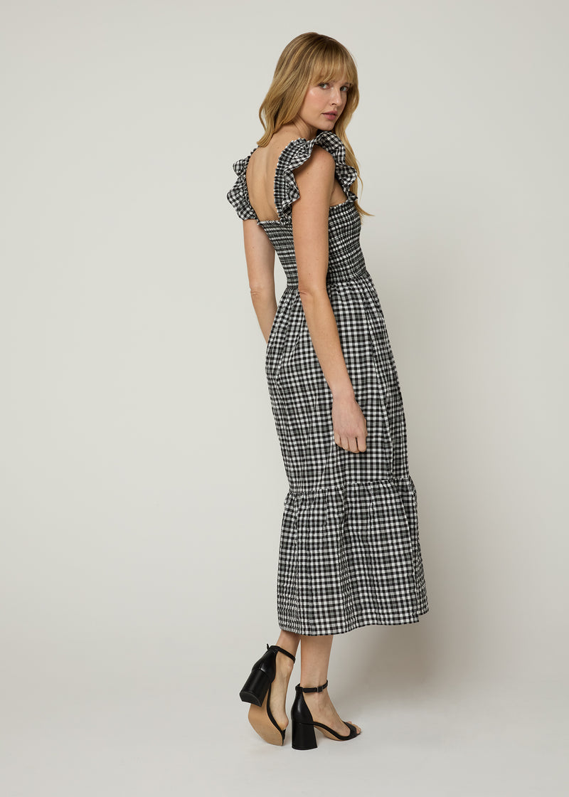 The Flounce Smocked Midi Dress - Black Checkerd The Standard Stitch The Flounce Smocked Midi Dress - Black Checkerd The Standard Stitch