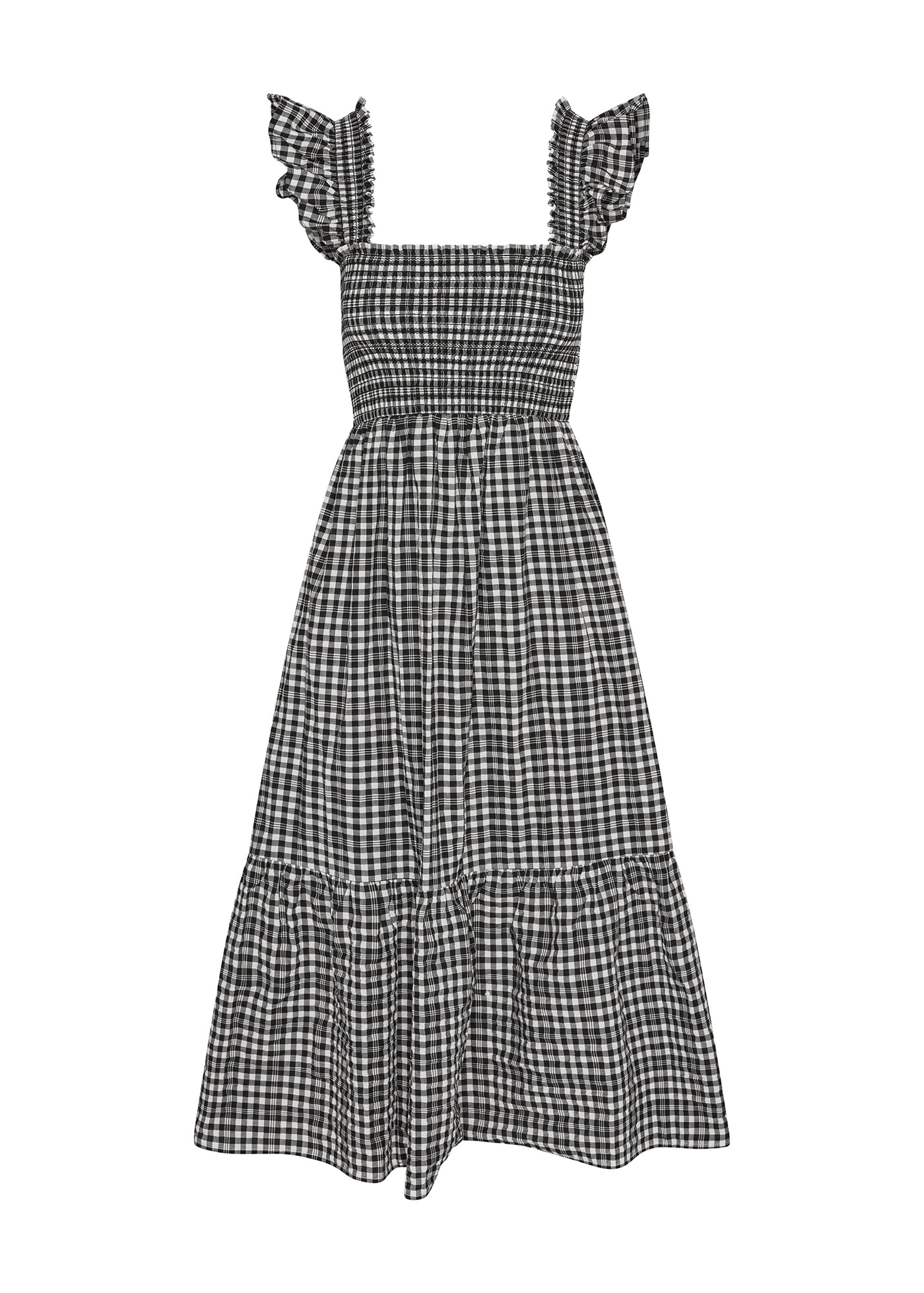 The Flounce Smocked Midi Dress - Black Checkerd The Standard Stitch The Flounce Smocked Midi Dress - Black Checkerd The Standard Stitch