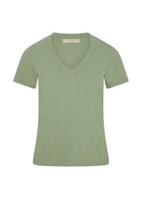Women's green v neck t-shirt on mannequin. 