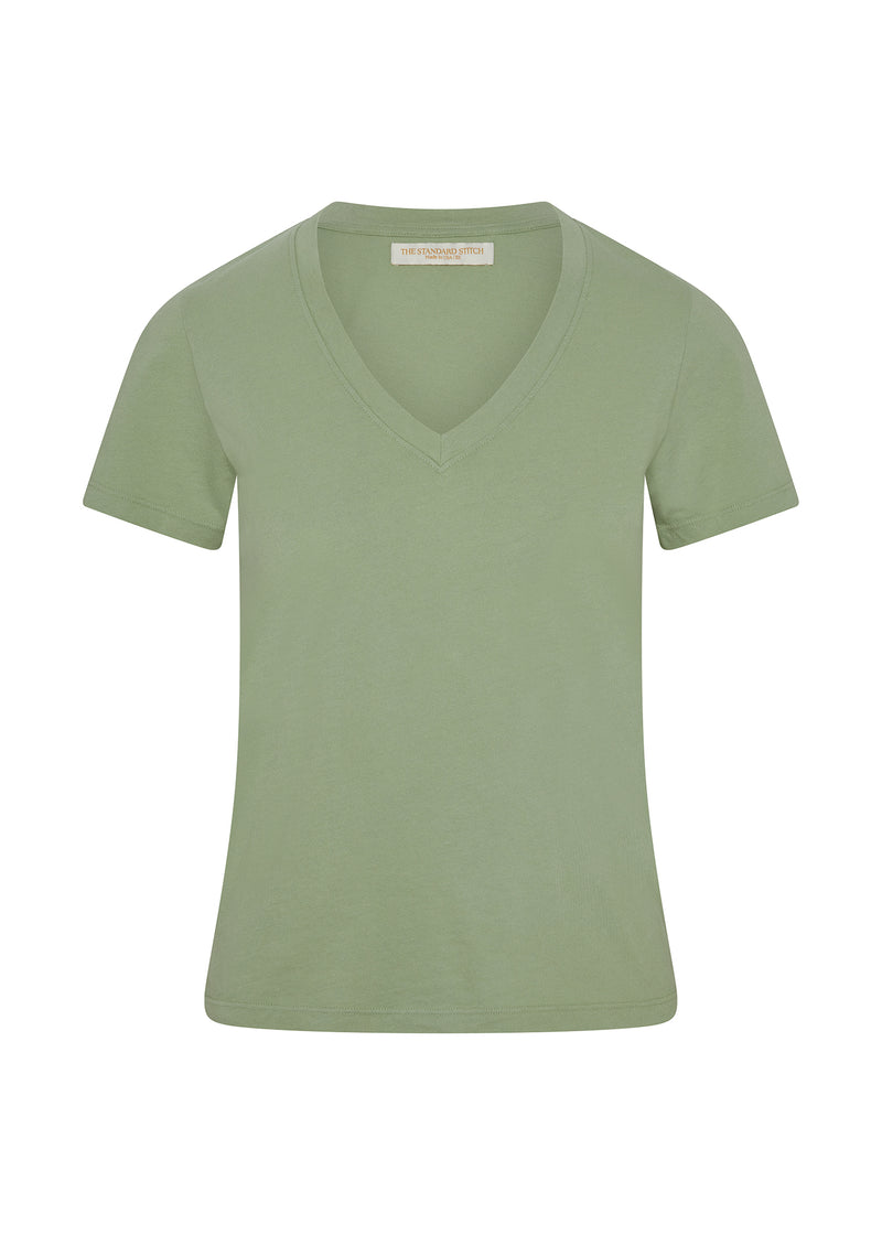 Women's green v neck t-shirt on mannequin. 