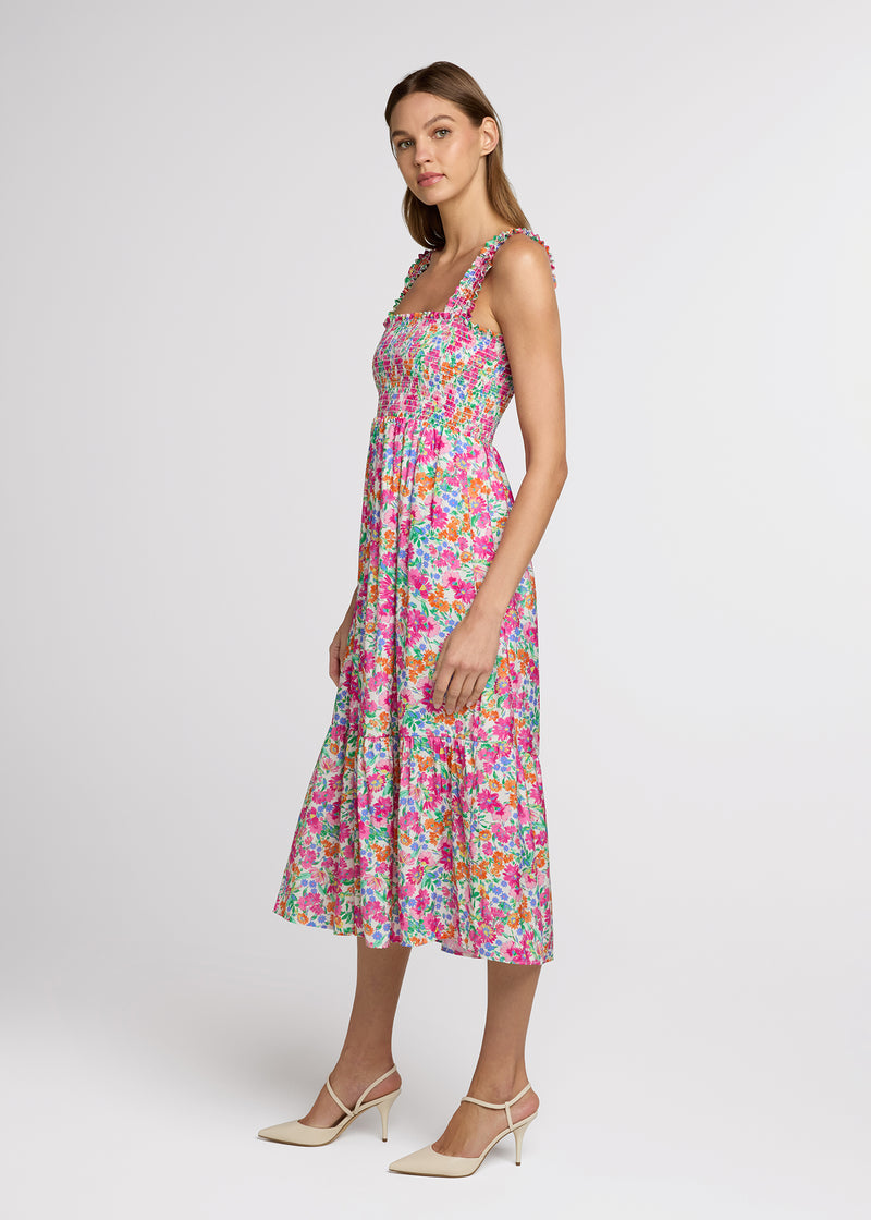 lily smocked floral print ruffle trim midi dress V. Chapman Lily Smocked Midi Dress - Lavender Fog