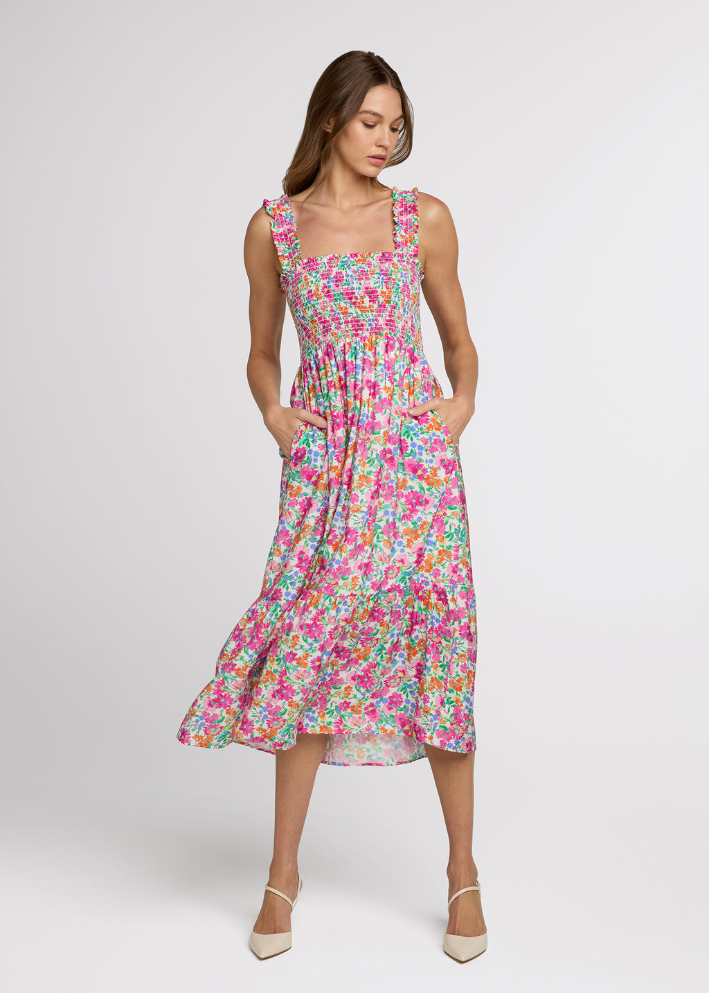 lily smocked floral print ruffle trim midi dress The Smocked Ruffle Tank Midi Dress – The Standard Stitch