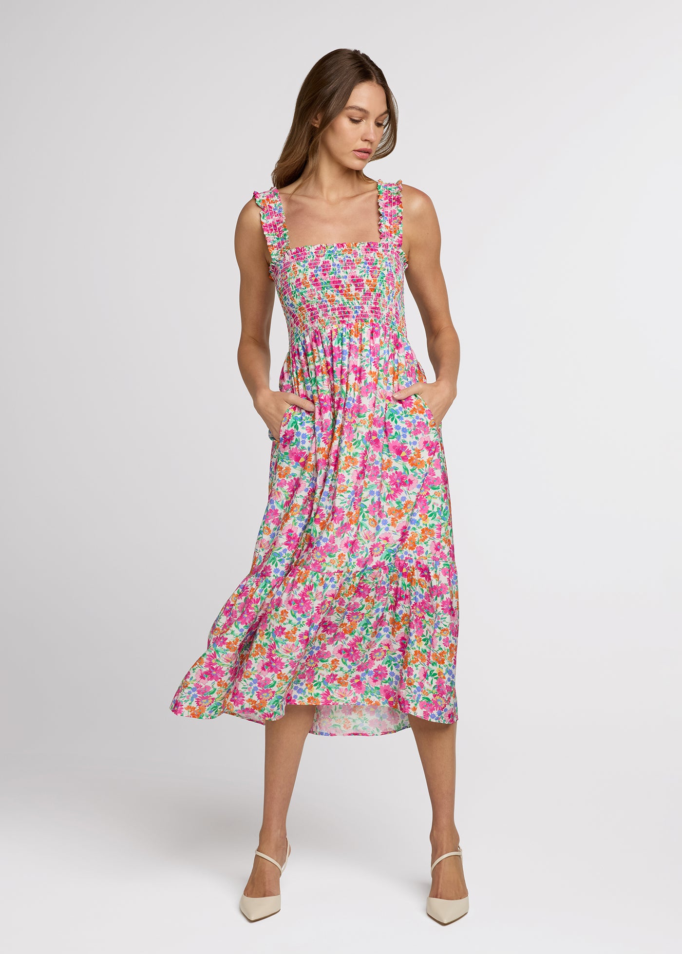 ruffle floral midi dress The Smocked Tank – The Standard Stitch asymmetric tiered hemline Color:MALIBU PEACH Mustard Seed Kayla Milky 1960's wiggle