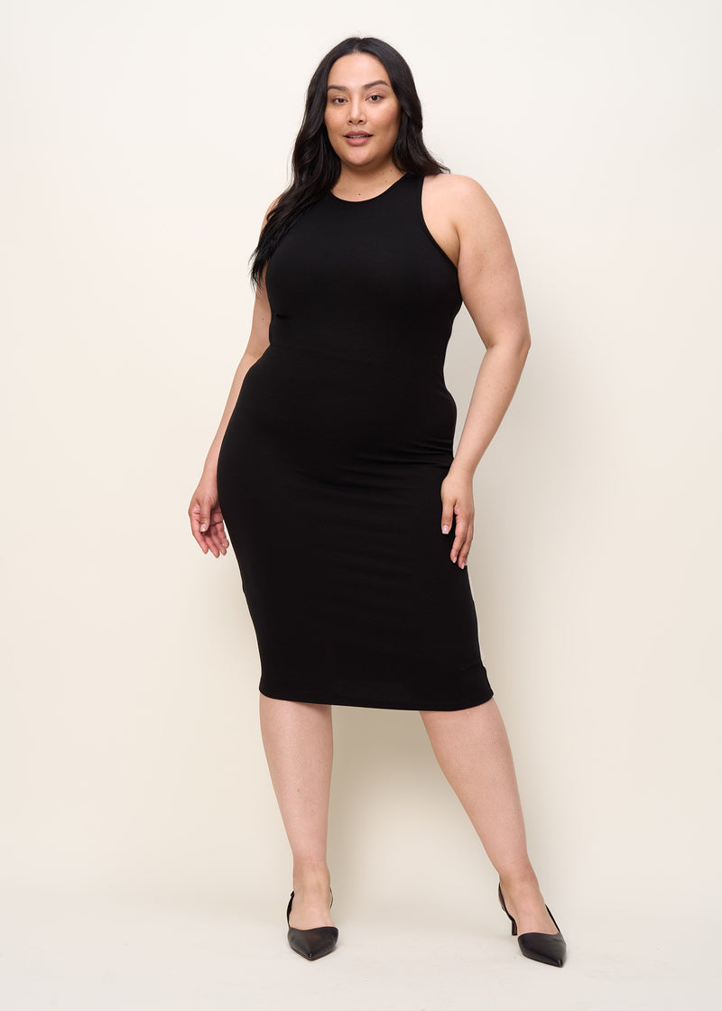 Woman in comfortably form fitted, racerback and crew neck midi dress made of mid-weight and soft Tencel™ Lyocell stretch rib fabric and eco-friendly dyes in color onyx black, front