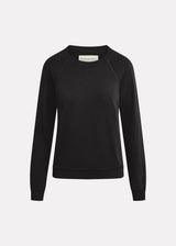 Woman’s crewneck raglan sweatshirt made of organic and recycled cotton French Terry in color onyx black, on mannequin