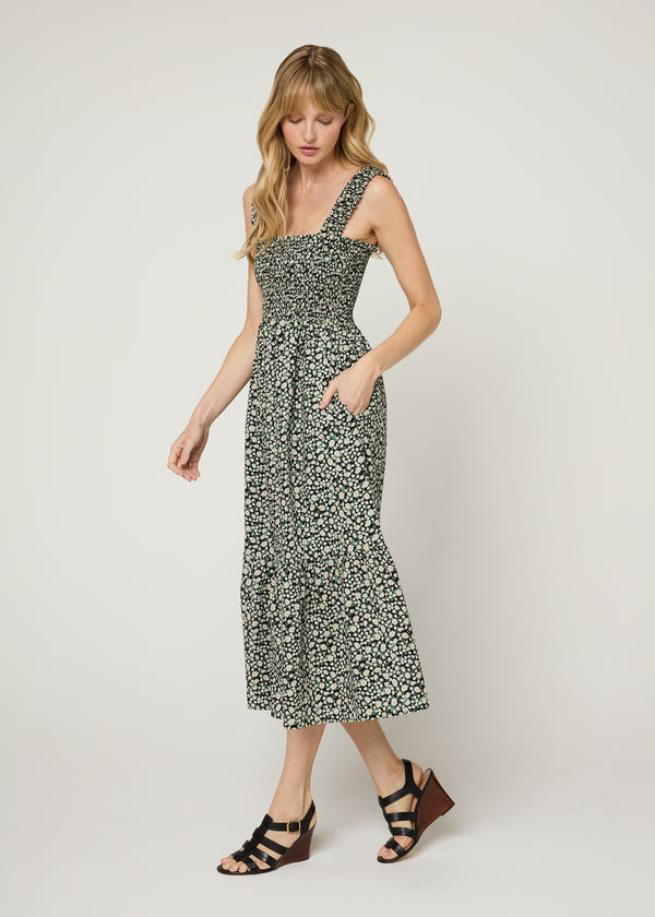 The Smocked Ruffle Tank Midi Dress - Black Sunflower