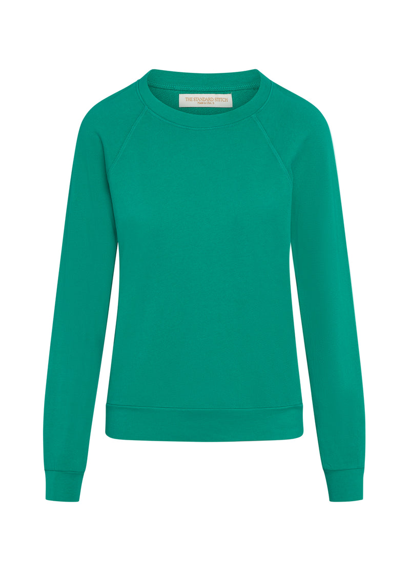 Women's green raglan sweatshirt on mannequin. 