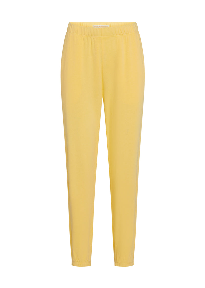 Women's yellow sweatpant on a mannequin. Front.