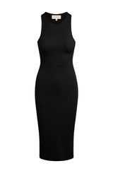 Women’s comfortably form fitted, racerback and crew neck midi dress made of mid-weight and soft Tencel™ Lyocell stretch rib fabric and eco-friendly dyes in color onyx black on mannequin 